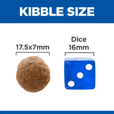 Størrelsesdiagram: foderpille 17,5×7 mm ved siden af blå terning med tekst 'Dice 16 mm'. Teksten 'KIBBLE SIZE' øverst. Sammenligning af størrelser.