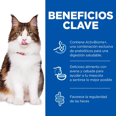 Beneficios clave: contiene ActivBiome+, combinación exclusiva de prebióticos para digestión saludable; alimento con avena y cebada; favorece la regularidad de las heces.