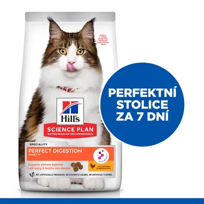 Hill's Science Plan Perfect Digestion Adult 1+ s kuřetem a hnědou rýží, nápis: Perfektní stolice za 7 dní. Supports ultimate digestive well-being & healthy microbiome.