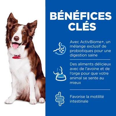 BÉNÉFICES CLÉS : ActivBiome+, mélange exclusif de probiotiques pour une digestion saine ; aliments avec avoine et orge ; favorise la motilité intestinale.