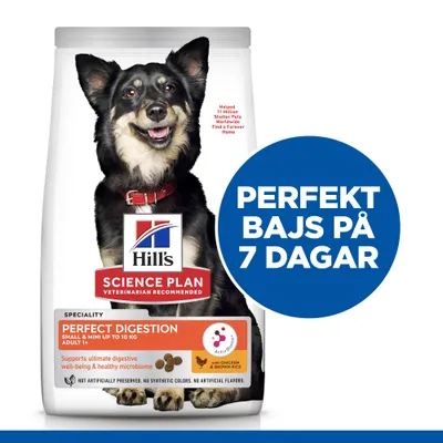 Hill's Science Plan Perfect Digestion hundfoder, text: 'PERFEKT BAJS PÅ 7 DAGAR', 'Supports ultimate digestive well-being & healthy microbiome', 'with CHICKEN & BROWN RICE'.