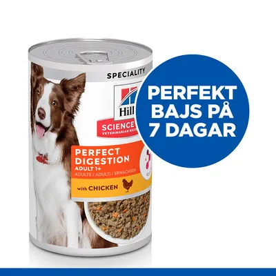 Hill's Science Plan Perfect Digestion Adult 1+ with Chicken hundmatburk, text: Perfekt bajs på 7 dagar. Produktbild med synlig innehåll och hundillustration.