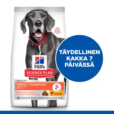 Hill's Science Plan Perfect Digestion -koiranruokapakkaus, teksti: TÄYDELLINEN KAKKA 7 PÄIVÄSSÄ, Perfect Digestion, LARGE 25 KG+, ADULT 1+, with CHICKEN & BROWN RICE