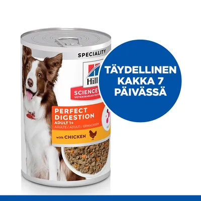 Hill's Science Plan Perfect Digestion Adult 1+ with Chicken -koiran märkäruokapurkki, etiketissä koira ja teksti: TÄYDELLINEN KAKKA 7 PÄIVÄSSÄ