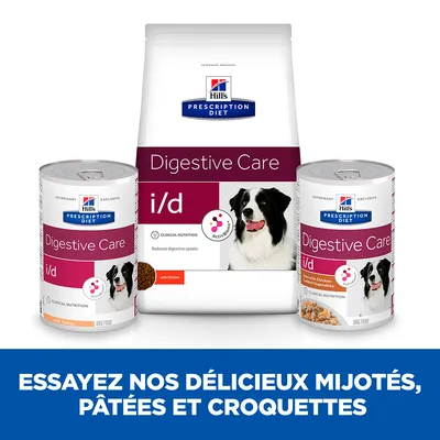 Hill's Prescription Diet Digestive Care i/d pour chien, croquettes et pâtées. Texte : Essayez nos délicieux mijotés, pâtées et croquettes.