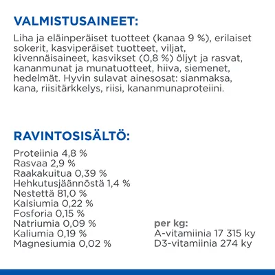 Valmistusaineet: liha ja eläinperäiset tuotteet (kanaa 9 %), kasvikset, viljat, kananmunat. Ravintosisältö: proteiinia 4,8 %, rasvaa 2,9 %, nestettä 81 %, A-vitamiinia 17 315 ky/kg, D3-vitamiinia 274 ky/kg.