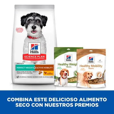Pienso Hill's Science Plan Perfect Weight & Active Mobility para perros pequeños y premios Hill's Healthy Weight Treats y Healthy Mobility Treats. Texto: Combina este delicioso alimento seco con nuestros premios.