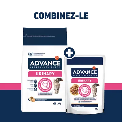 ADVANCE Veterinary Diets Urinary croquettes 1,5 kg et aliment humide 85 g au poulet. Combinez les deux produits pour soutenir la santé urinaire. ADVANCE Veterinary Diets Urinary croquettes 1,5 kg et aliment humide 85 g au poulet. Combinez les deux produits pour soutenir la santé urinaire.