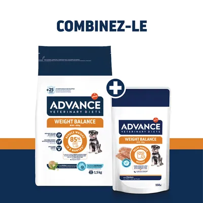 ADVANCE Veterinary Diets Weight Balance Mini <10 kg croquettes 1,5 kg et aliment humide 150 g au poulet. Remarque : combinaison recommandée. ADVANCE Veterinary Diets Weight Balance Mini <10 kg croquettes 1,5 kg et aliment humide 150 g au poulet. Remarque : combinaison recommandée.