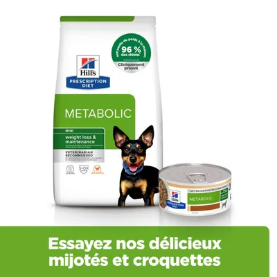 Hill's Prescription Diet Metabolic Mini perte de poids et maintien, croquettes et boîte de nourriture humide, cliniquement prouvé, 96 % de réussite selon illustration.
