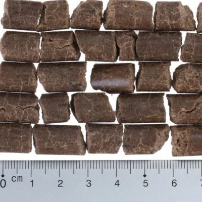 Nahaufnahme von braunen, zylindrischen Hundesnacks mit einer Länge von ca. 2-5 cm, dargestellt neben einem Lineal zur Größenangabe.