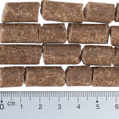 Close-up van bruine, cilindrische hondensnacks van ongeveer 5 cm lang, weergegeven naast een liniaal ter groottebepaling.