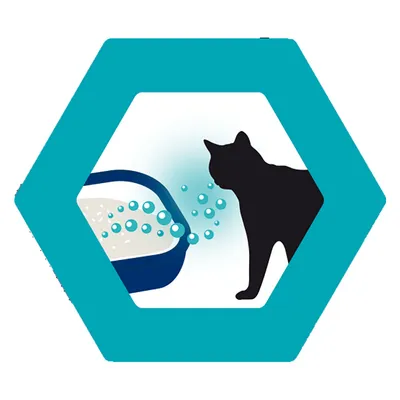 Illustration of a cat silhouette next to a litter tray with blue bubbles symbolising freshness or odour neutralisation.