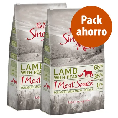 Pack ahorro de 2 sacos de pienso Purizon Single Meat Lamb with Peas, 12 kg cada uno. 65 % ingredientes animales, 35 % frutas y verduras, 0 % cereales. Para perros adultos. Texto en inglés.