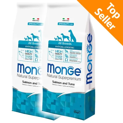 2 sacchi Monge Natural Superpremium Salmon and Tuna 12 kg, linea Speciality, ipoallergenico, per tutte le razze. Testo visibile: High quality salmon and tuna. Top Seller in alto a destra.