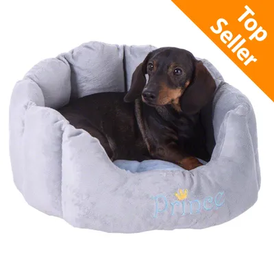 Cane sdraiato in una cuccia grigia con scritta visibile 'Prince' e corona gialla ricamata. In alto a destra etichetta arancione con testo 'Top Seller'.