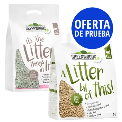 Dos bolsas de arena para gatos Greenwoods Cat, una de bentonita natural y otra de fibra vegetal. Texto visible: OFERTA DE PRUEBA.