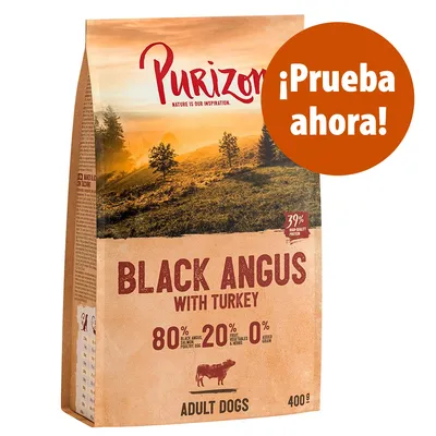 Purizon Black Angus with Turkey, 80 % black angus, siluro, ave, huevo; 20 % fruta, verduras y hierbas; 0 % cereales añadidos. Adult dogs. 400 g. ¡Prueba ahora!