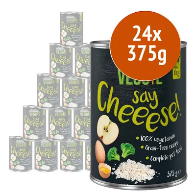 24 lattine da 375 g Greenwoods Veggie say Cheeese! per cani adulti, 100% vegetarian, ricetta senza cereali, alimento completo. Immagini di mela, uovo, broccoli e formaggio sulla confezione.