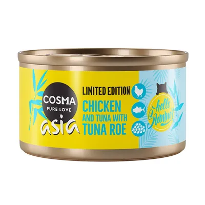 Cosma Asia Pure Love Limited Edition. Csirke és tonhal tonhalikrával. Hello Summer dizájn sárga és kék dobozon.