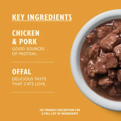 Tekstafbeelding in het Engels: Key ingredients. Chicken & pork, good sources of protein. Offal, delicious taste that cats love. Zie productbeschrijving voor volledige ingrediëntenlijst.
