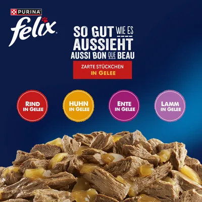 Megapack Felix "So gut wie es aussieht" Pouches 80 x 85 g - Fleisch Mix 1 (Rind, Huhn, Ente, Lamm) Megapack Felix "So gut wie es aussieht" Pouches 80 x 85 g - Fleisch Mix 1 (Rind, Huhn, Ente, Lamm)