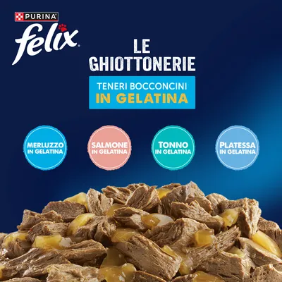 Felix Le Ghiottonerie in gelatina 24 x 85 g - Varietà di pesce (Salmone, Platessa, Merluzzo, Tonno) Felix Le Ghiottonerie in gelatina 24 x 85 g - Varietà di pesce (Salmone, Platessa, Merluzzo, Tonno)