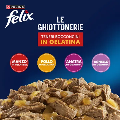 Felix Le Ghiottonerie in Gelatina 80 x 85 g - Varietà di carne (Manzo, Pollo, Agnello, Anatra) Felix Le Ghiottonerie in Gelatina 80 x 85 g - Varietà di carne (Manzo, Pollo, Agnello, Anatra)