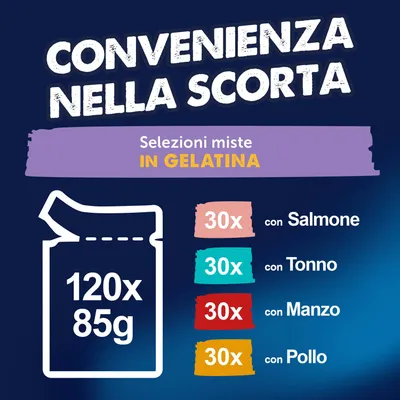 Maxi formato: Felix Le Ghiottonerie 120 x 85 g - Varietà di carne & pesce (Manzo, Salmone, Pollo, Tonno) Maxi formato: Felix Le Ghiottonerie 120 x 85 g - Varietà di carne & pesce (Manzo, Salmone, Pollo, Tonno)