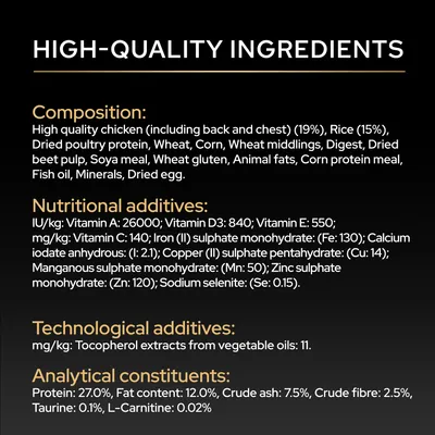 Sammansättning: höna, ris, fjäderfäprotein, vete, majs, vetekli, betmassa, sojamjöl, vetegluten, animaliska fetter, fiskolja. Vitaminer A, D3, E, C, mineralämnen. Sammansättning: höna, ris, fjäderfäprotein, vete, majs, vetekli, betmassa, sojamjöl, vetegluten, animaliska fetter, fiskolja. Vitaminer A, D3, E, C, mineralämnen.