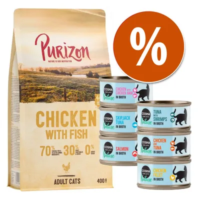 Purizon Chicken with Fish pro dospělé kočky 400 g, Cosma Nature konzervy: Chicken with Chicken Ham, Skipjack Tuna, Salmon, Tuna with Shrimps, Chicken and Tuna, Chicken Fillet, symbol procenta