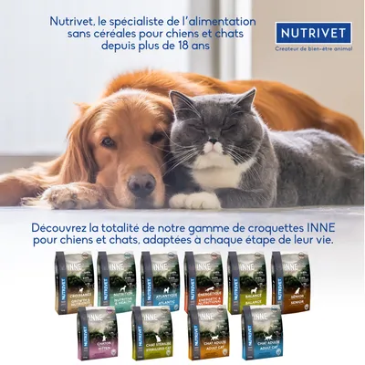 Gamme de croquettes NUTRIVET INNE pour chiens et chats : Croissance, Nutrition, Atlantique, Énergétique, Balance, Senior, Chaton, Chat stérilisé, Chat adulte. Texte promotionnel visible.