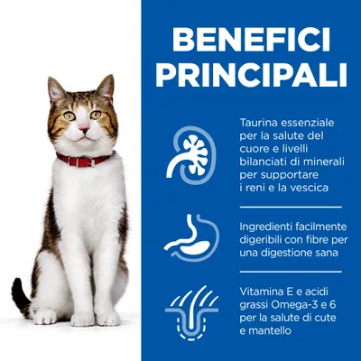 BENEFICI PRINCIPALI: taurina essenziale per cuore, minerali per reni e vescica, ingredienti digeribili con fibre, vitamina E e Omega-3/6 per cute e mantello. Gatto seduto a sinistra.