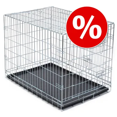 Jaula metálica rectangular con bandeja negra extraíble y símbolo de porcentaje en círculo rojo, indicando oferta o descuento visible.