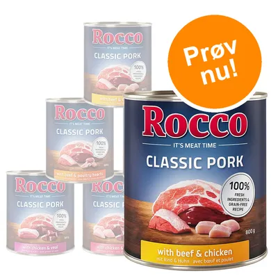 Rocco Classic Pork dåsefoder, synlige varianter: with beef & chicken, with chicken & veal, with beef & poultry hearts. Tekst: 100% fresh ingredients & grain-free recipe. Prøv nu!