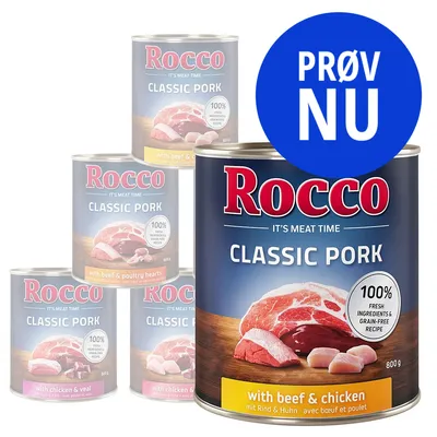 Rocco Classic Pork dåsefoder, synlige varianter: with beef & chicken, with chicken & veal, with beef & poultry hearts. 100% fresh ingredients & grain-free recipe. PRØV NU.