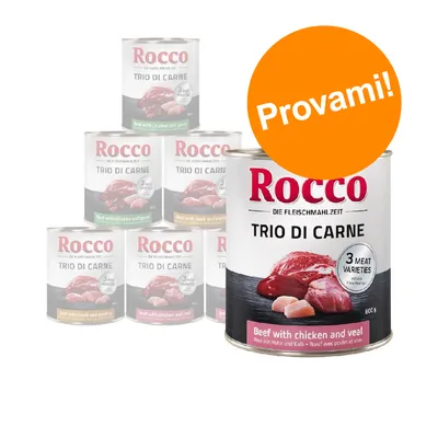 Rocco Trio di Carne, lattina con scritta 'Beef with chicken and veal', 3 meat varieties. Etichetta arancione con testo: Provami!
