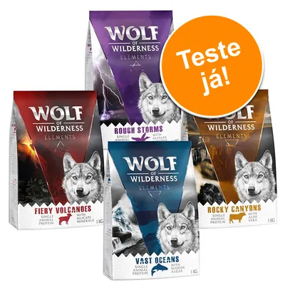Wolf of Wilderness Elements: Fiery Volcanoes, Rough Storms, Vast Oceans, Rocky Canyons. Saco de 1 kg. Texto em destaque: Teste já!
