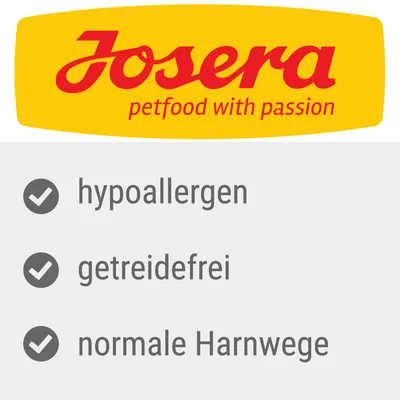 Josera petfood with passion. hypoallergen, getreidefrei, normale Harnwege (besedilo v nemščini).