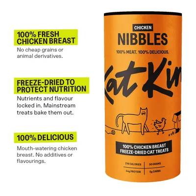 Chicken Nibbles: 100% fresh chicken breast, freeze-dried to protect nutrition, no grains or animal derivatives, no additives or flavourings. 216 calories, 44g protein, 0g carbs, 50g pack.
