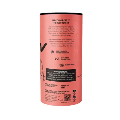 Cat treat packaging states 100% fresh salmon fillet, freeze-dried to protect nutrition, made in the UK. No cheap grains or animal derivatives. Instructions for use as reward or puzzle prize.