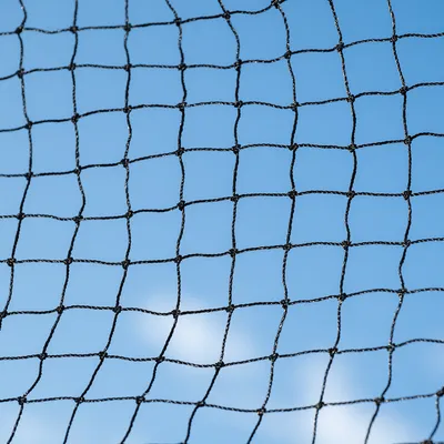 Schwarzes Netz mit quadratischer Maschenstruktur vor blauem Himmel. Geeignet für Sicherheits- oder Schutzanwendungen.
