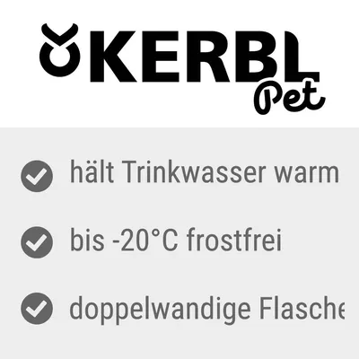 KERBL Pet. hält Trinkwasser warm, bis -20°C frostfrei, doppelwandige Flasche. Texte en allemand.