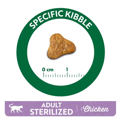 Single kibble piece with size scale 0–1 cm, green circle reads 'Specific Kibble'. Text below: 'Adult Sterilized with Chicken', white cat icon on purple background.