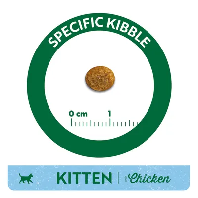 Single round kibble piece with size scale 0–1 cm, text 'SPECIFIC KIBBLE' above, and label below reading 'KITTEN with Chicken' beside cat icon.