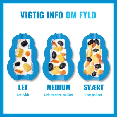 Sammenligning af tre fyldningsgrader: let fyldt, middel fyldt og tæt fyldt. Hvert niveau viser forskellig tæthed af foderstykker i en blå form. Sammenligning af tre fyldningsgrader: let fyldt, middel fyldt og tæt fyldt. Hvert niveau viser forskellig tæthed af foderstykker i en blå form.