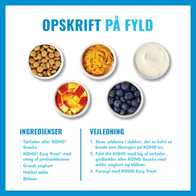 Opskriftsbillede med ingredienser: Tørfoder, KONG Snacks, peanutbuttercreme, græsk yoghurt, æblestykker, blåbær. Vejledning til tilberedning og fyldning af et KONG-legetøj. Opskriftsbillede med ingredienser: Tørfoder, KONG Snacks, peanutbuttercreme, græsk yoghurt, æblestykker, blåbær. Vejledning til tilberedning og fyldning af et KONG-legetøj.