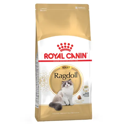 Royal Canin Adult Ragdoll cat food, specially for Ragdoll cats. Packaging shows a Ragdoll cat and highlights healthy skin and coat care.