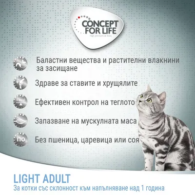 CONCEPT FOR LIFE. Баластни вещества и растителни влакнини за засищане, здраве за ставите и хрущялите, ефективен контрол на теглото, без пшеница, царевица или соя. LIGHT ADULT за котки над 1 година.