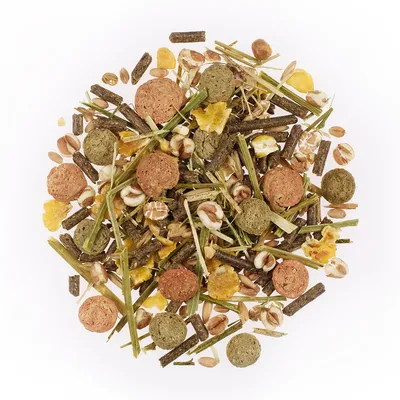 Mélange d’aliments pour petits animaux composé de granulés, flocons de maïs, céréales et morceaux de foin visibles sur fond blanc. Aucun emballage ou marque visible.